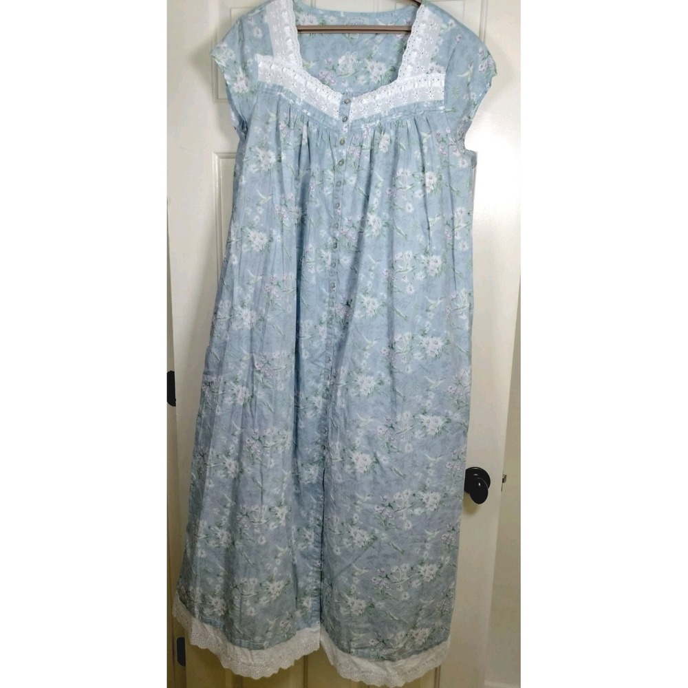 Lanz of Salzburg Robe Gown Set L Blue Hummingbird Floral 100% Cotton Eyelet Trim - Picture 2 of 16